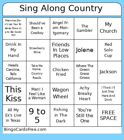 Sing Along Country Bingo