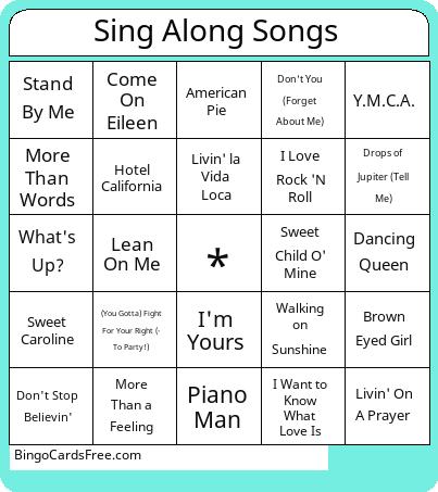 Sing Along Songs Bingo