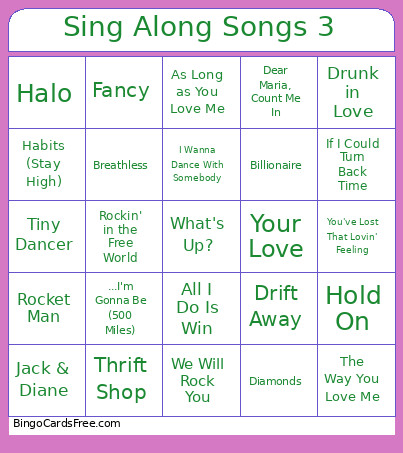 Sing Along Songs 3 Bingo Card