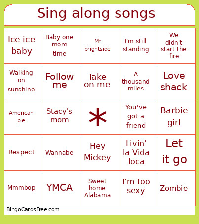 Sing Along Songs Bingo Card