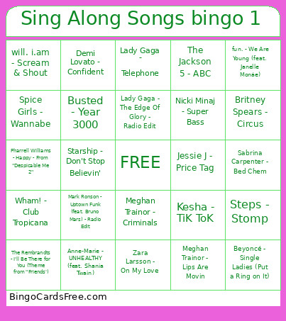 Sing Along Songs 1 Bingo Card
