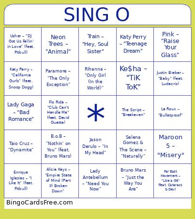 Sing-o Pop Bingo Card
