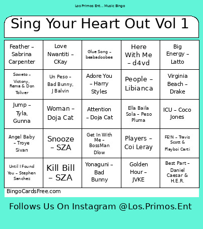 Sing Your Heart Out Vol 1 Bingo Card
