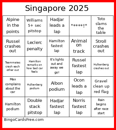 Singapore 2025 Bingo Card