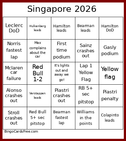 Singapore 2026 Bingo Card