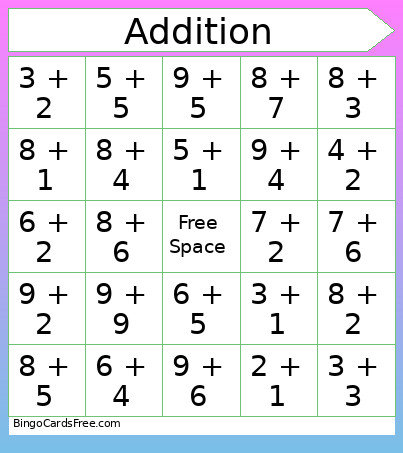 Single Digit Addition Bingo Card