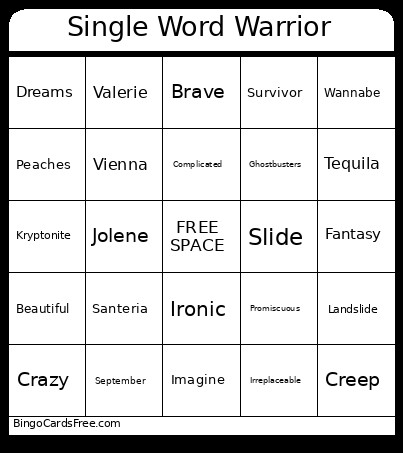 Single Word Warrior Bingo Card
