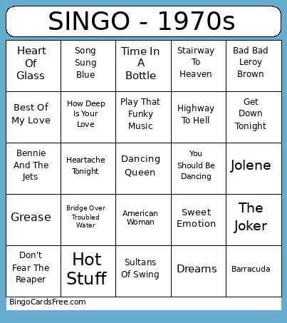 SINGO - 1970s Bingo Card