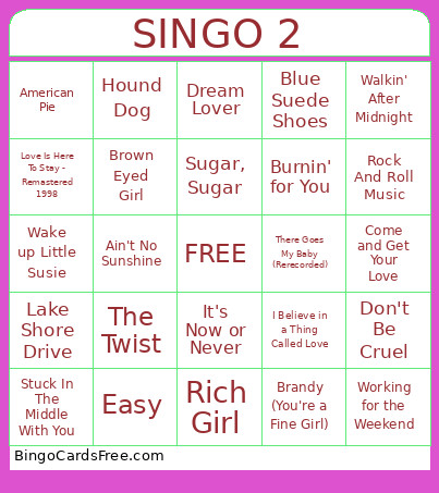 SINGO 2 Bingo Card