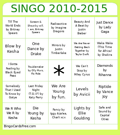 Singo 2010-2015 Bingo Card