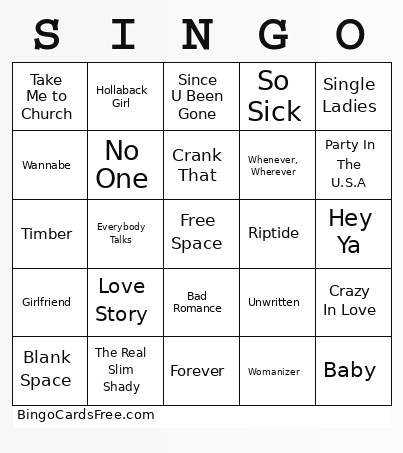 SINGO Bingo Card