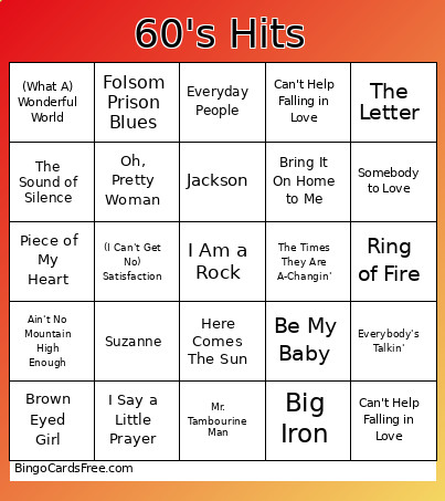 Singo 60's Bingo Card
