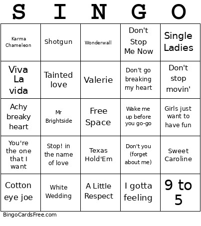 SINGO Bingo Card