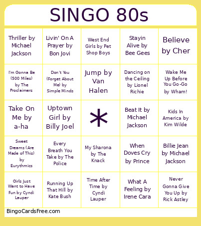 Singo 80s Bingo Card