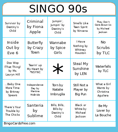 Singo 90s Bingo Card