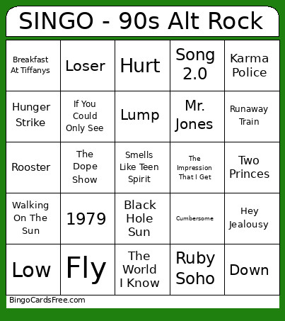 SINGO - 90s Alt Rock Bingo Card