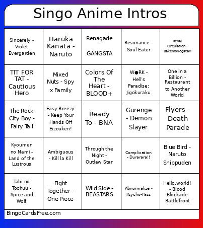 Singo Anime Intros Bingo Card