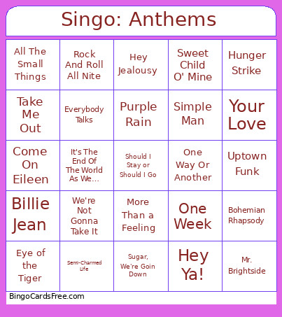 Singo: Anthems Bingo Card