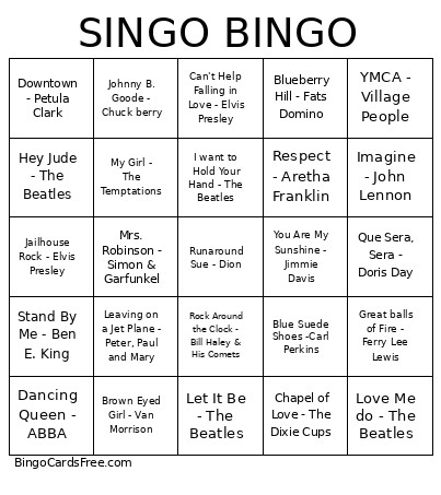 SINGO Bingo Card