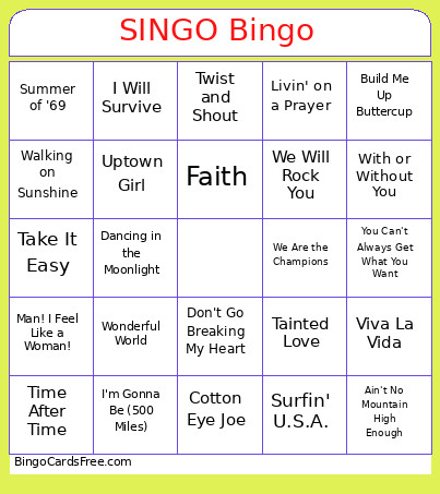 SINGO Bingo Card