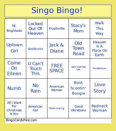Singo ! Bingo Card