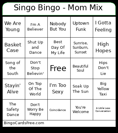 Singo - Mom Mix Bingo Card