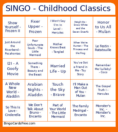 SINGO - Childhood Classics Bingo Card