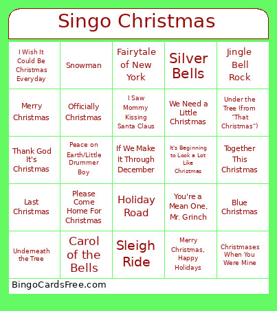 Singo Christmas Songs Bingo Card