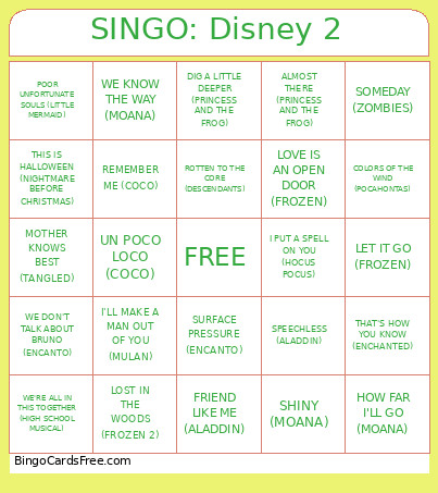 SINGO: Disney 2 Bingo Card