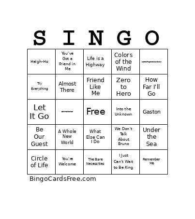 SINGO (Disney) Bingo Card