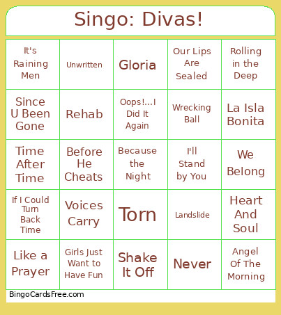 Singo: Divas! Bingo Card