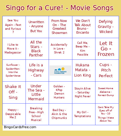 Singo For A Cure! - Movie Songs Bingo Card