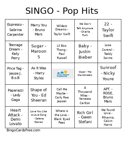 SINGO - Pop Hits Bingo Card