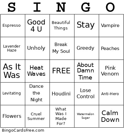 SINGO (Throwback Hits Of The 80s) Bingo Card