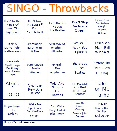 SINGO - Throwbacks Bingo Card