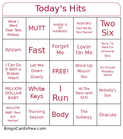 Singo- Today's Hits Bingo Card