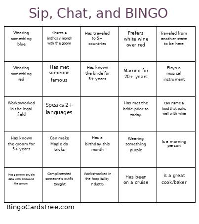 Sip, Chat, And Bingo Card