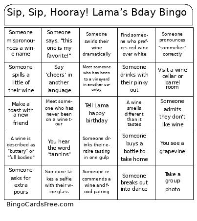Sip, Sip, Hooray! Lama’s Bday Bingo Cards Free Pdf Printable Game, Title: Sip, Sip, Hooray! Lama’s Bday Bingo