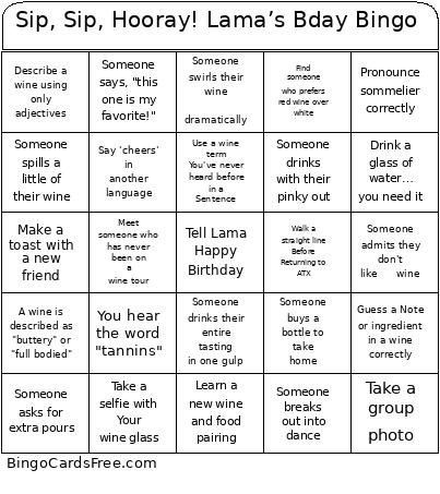 Sip, Sip, Hooray! Lama’s Bday Bingo Card