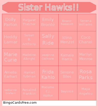 Sister Hawks Bingo Card