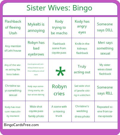 Sister Wives: Bingo Cards Free Pdf Printable Game, Title: Sister Wives: Bingo