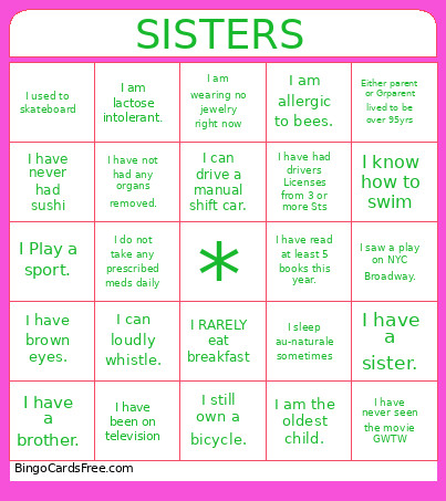 SISTERS Bingo Card