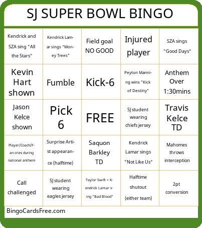 SJ Super Bowl Bingo Cards Free Pdf Printable Game, Title: SJ SUPER BOWL BINGO