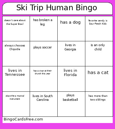 Ski Trip Human Bingo Card