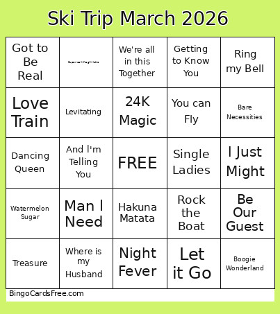 Ski Trip March 2026 Bingo Card