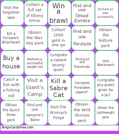 Skyrim Bingo Card