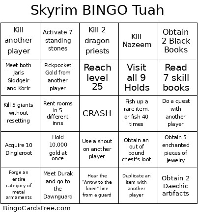 Skyrim Tuah Bingo Card