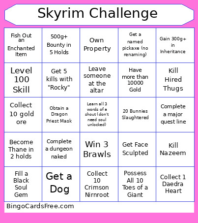 Skyrim Challenge Bingo Card 3