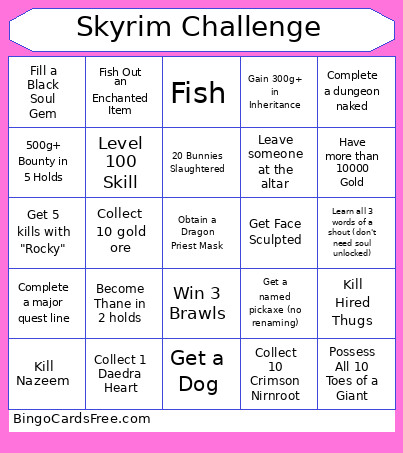 Skyrim Challenge Bingo Card 2