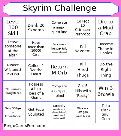 Skyrim Challenge Bingo Card